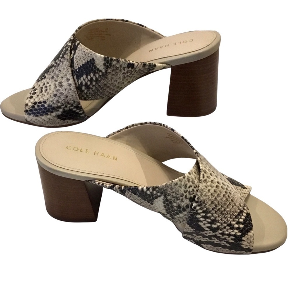 Cole Haan Dakota Snakeskin Printed Crisscross Block Heel Slip On Sandal Mules - Picture 2 of 8